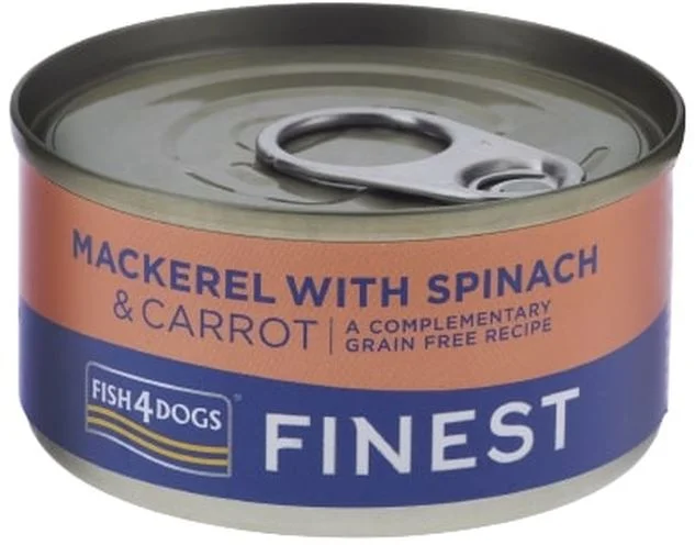 FISH4DOGS Finest Conservă câini, cu Macrou, Morcovi şi Spanac 85g