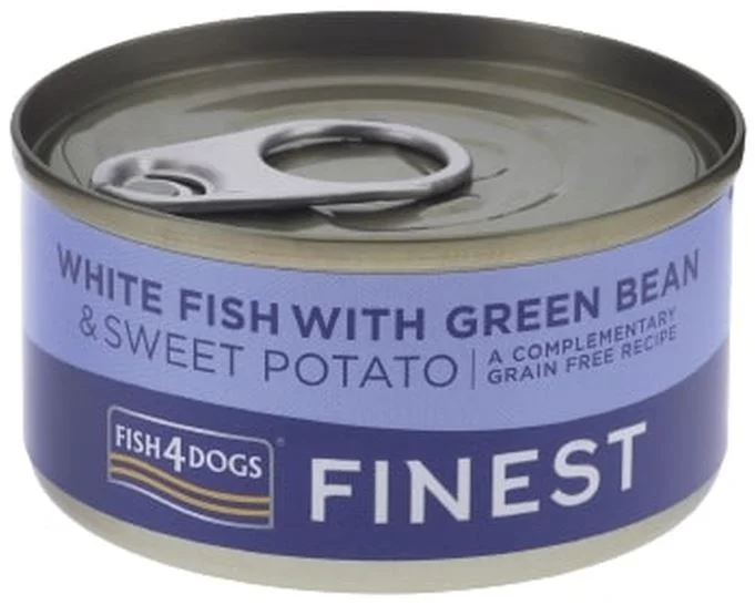 FISH4DOGS Finest Conservă câini, cu Peşte alb, Cartofi dulci şi Fasole verde 85g