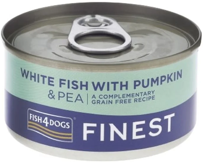 FISH4DOGS Finest Conservă câini, cu Peşte alb, Dovleac şi Mazăre 85g