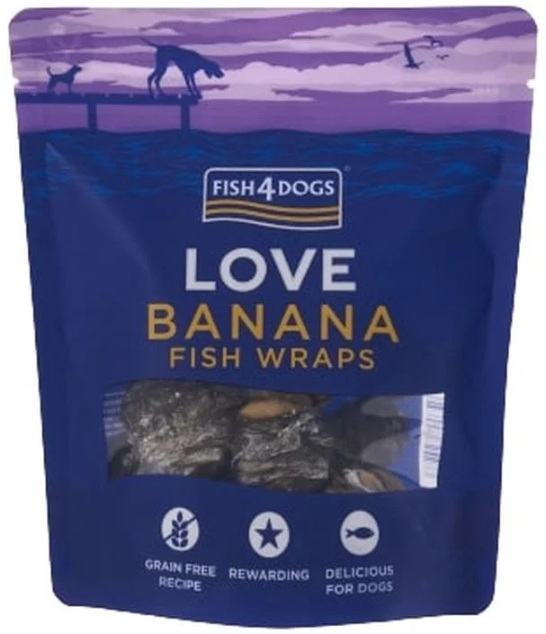 FISH4DOGS Love Recompensă pentru câini, rulou din piele de peşte alb/banană 100g