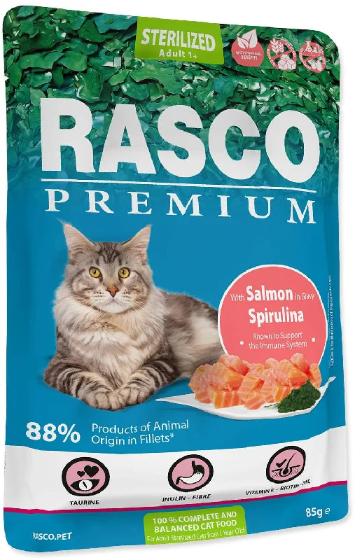 RASCO Premium Sterilized Plic pentru pisici adulte, cu Somon şi Spirulină 85g