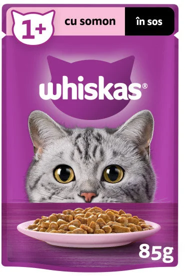 WHISKAS Plic hrană umedă pentru pisici Adulte, cu Somon în sos 85g