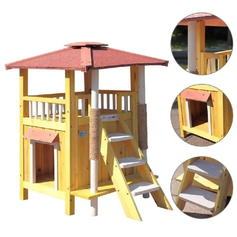 Wooden Waterproof Cat Dog Puppy House with Ladder 2 Story