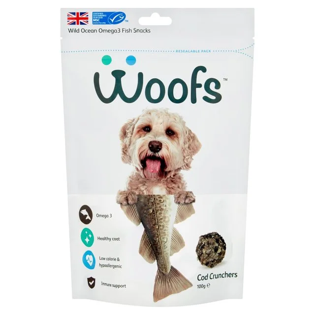 Woofs Cod Crunchers Dog Treats - 100% Natural MSC Fish   100g